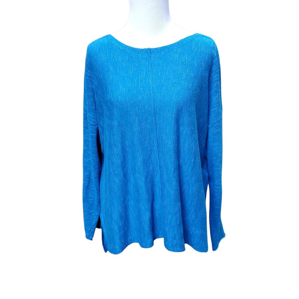 Eileen Fisher Organic Cotton Linen Top Minimalist Quiet Luxury Blue Hi Lo XS